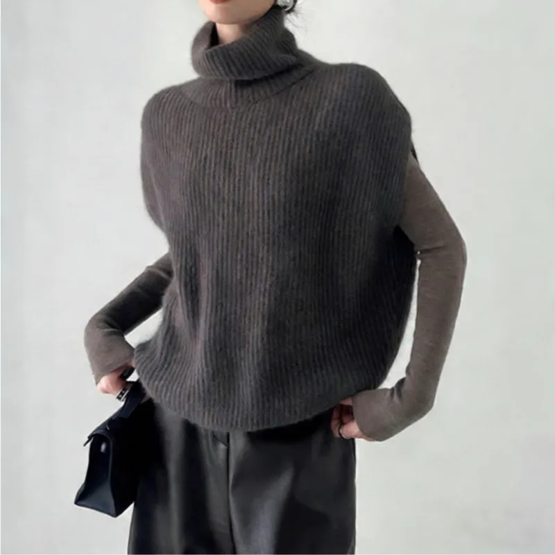 

Fashionable High Neck Sleeveless Knitted Vest Women Autumn Winter Loose Style Layered Sweater Top Casual Outfit Daily Streetwear