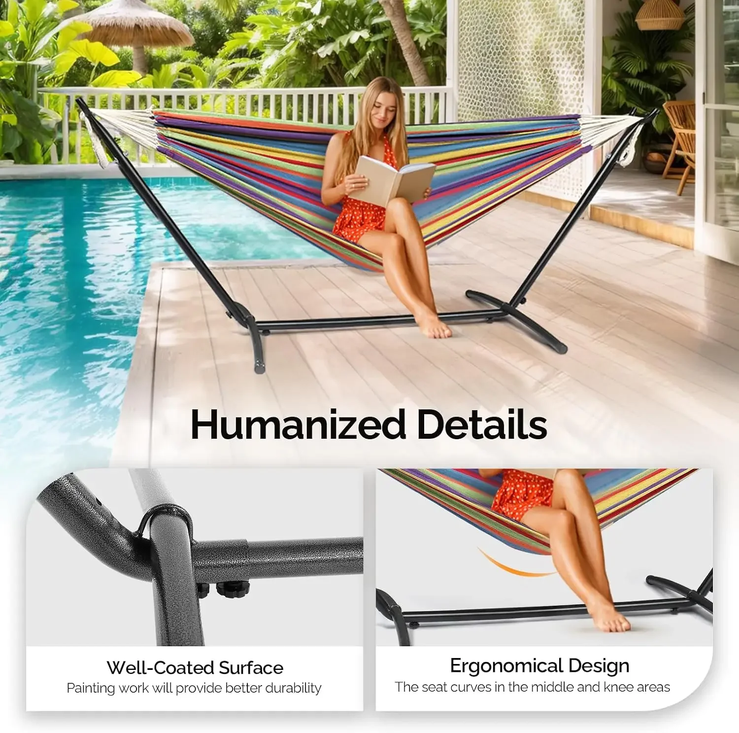 Heavy Duty 550 LBS Double Hammock with Steel Stand & Portable Carrying Bag, 2-Person Outdoor/Indoor Hammock Set, 60x80 Inch Bed, Adjustable Frame