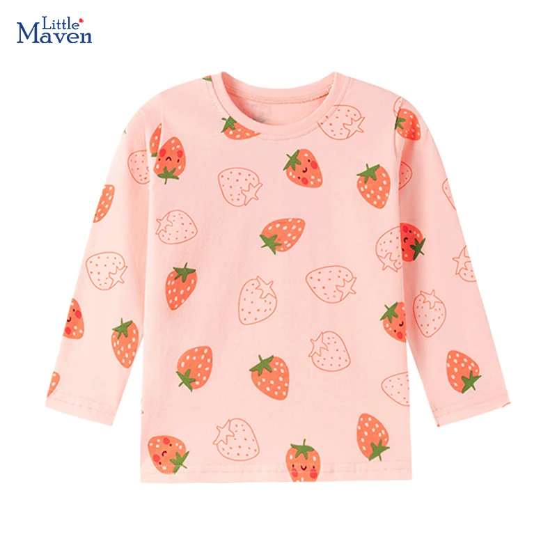 Little maven Children's Clothing Baby Girls Kids Clothes Autumn 2026 Cartoon Strawberry Long Sleeves T-shirt Spring Cotton Tops