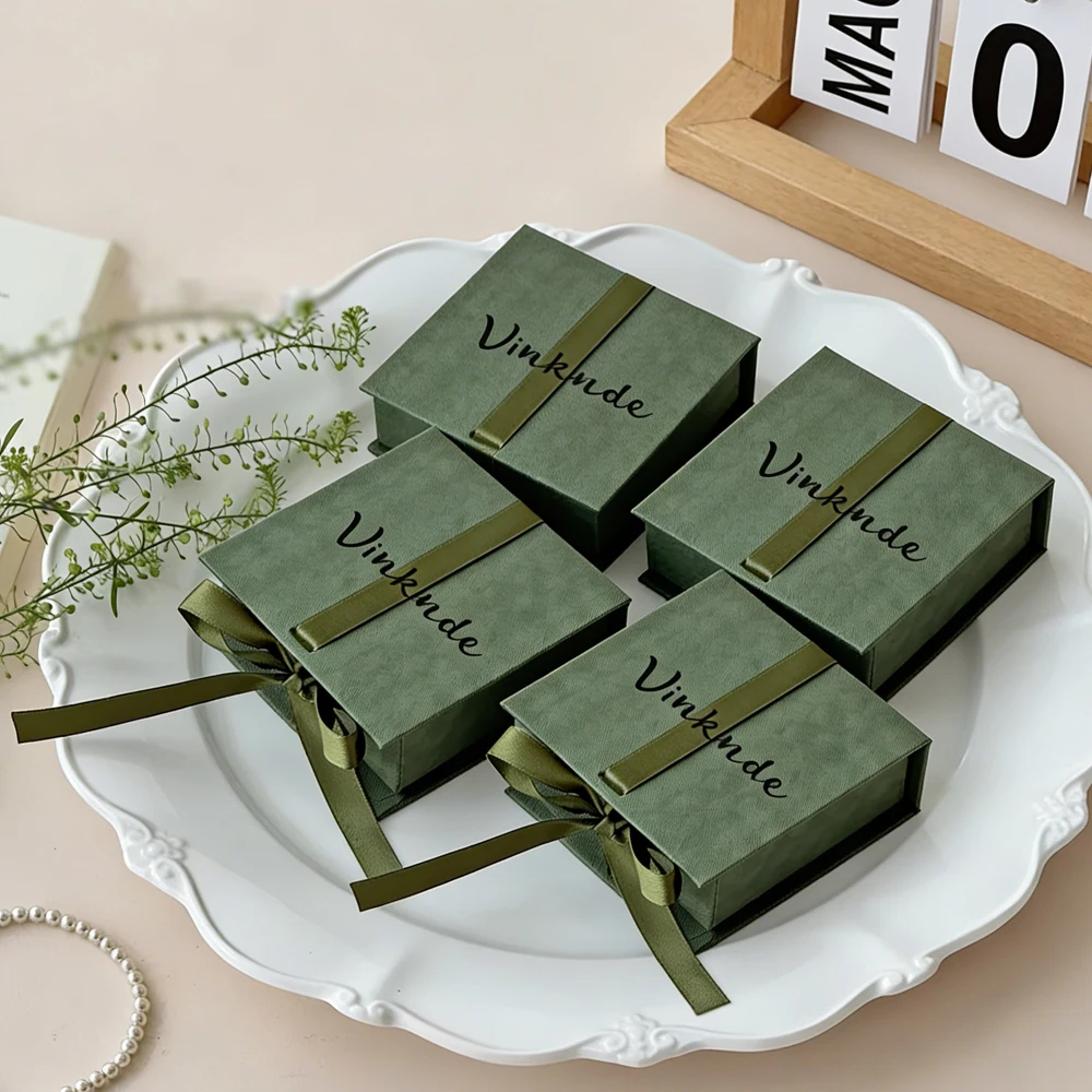 

50Pcs Personalized Logo Jewelry Packaging Box Bow Ribbon Rings Earrings Necklace Pendant Girlfriend Gift Organizer Wedding Favor