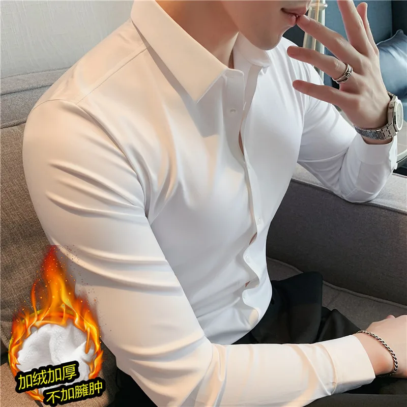 Thickened Fleece-lined ~ High Quality Seamless Adhesive Elastic Shirt, Men's Long Sleeve White Shirt, Business Leisure Warm Top