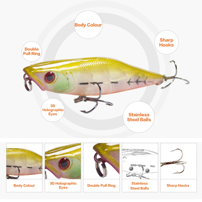 Thritop Artificial Lure Hard Bait 7cm 7g High Quality Tremble Hook 6 Colors for Option TP038 Professional Popper Fishing Tackle