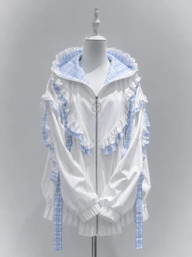 2026 New Harajuku Sweet Street Style Women Zip‑Up Hooded Coat Bunny Ear Hood Lace Bow Lacing Detail Casual Daily Jacket Fashion