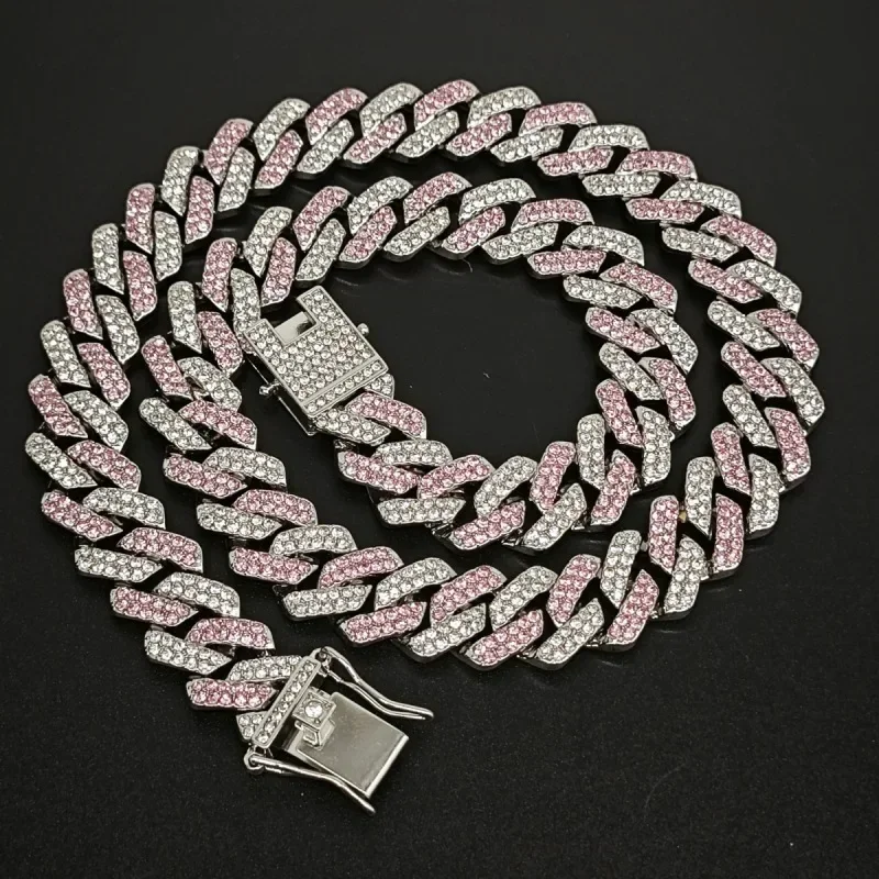 2tone Pink Blue Silver Color Miami Cuban Link Chain Choker Necklace Bracelet Jewelry For Men Women 2 Row Rhinestones Paved 35cm