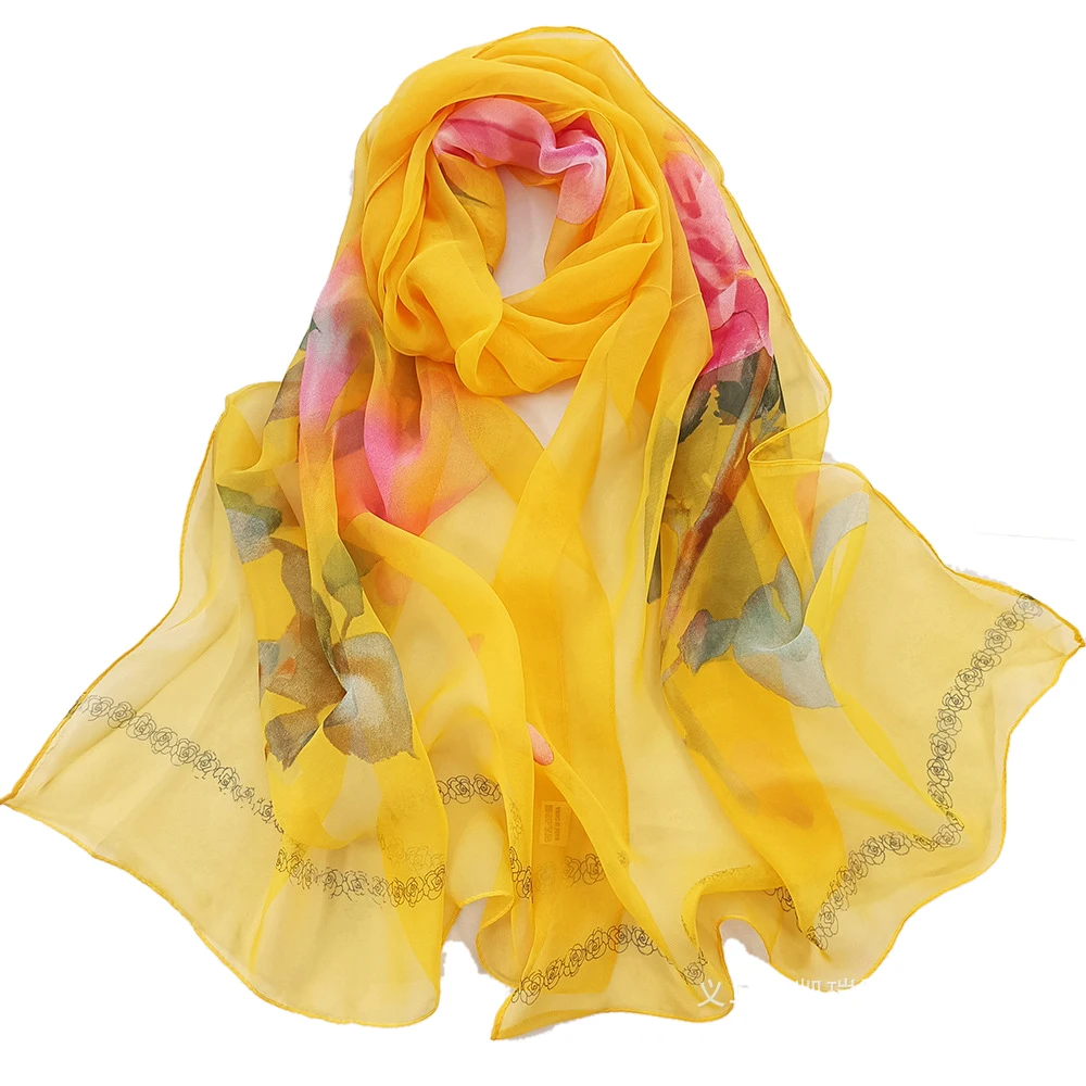 Georgette-bufanda de gasa con estampado de flores rosas para mujer, chal largo y fino, suave, para playa