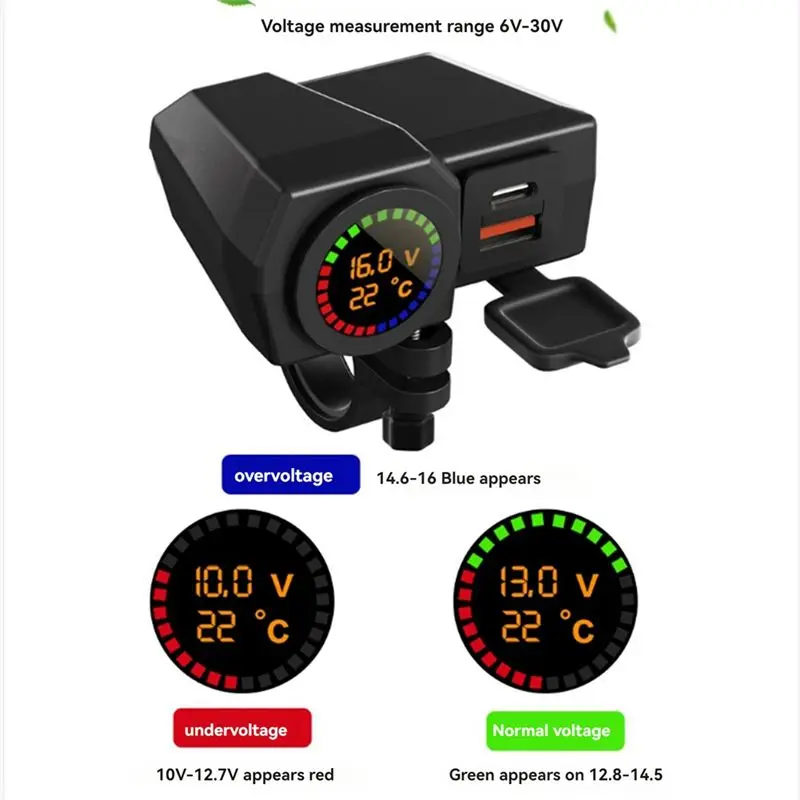 A48P-USB Socket Motorcycle Handlebar & Rear Mirror Waterproof Fast Phone Power Adapter Digital Voltmeter Thermometer