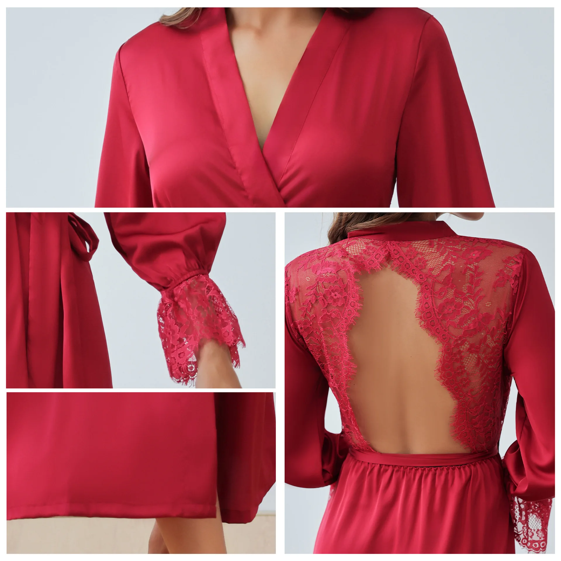 Satin Chiffon Pajamas Back Hollow Women's Summer Thin Lace Stitching French Elegant Backless Long Nightgown