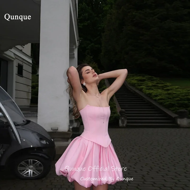 

Qunque Modern Pink Satin Strapless Prom Dresses A Line Princess Birthday Vestido Festa Lace Up Back Homecoming Dress Customized