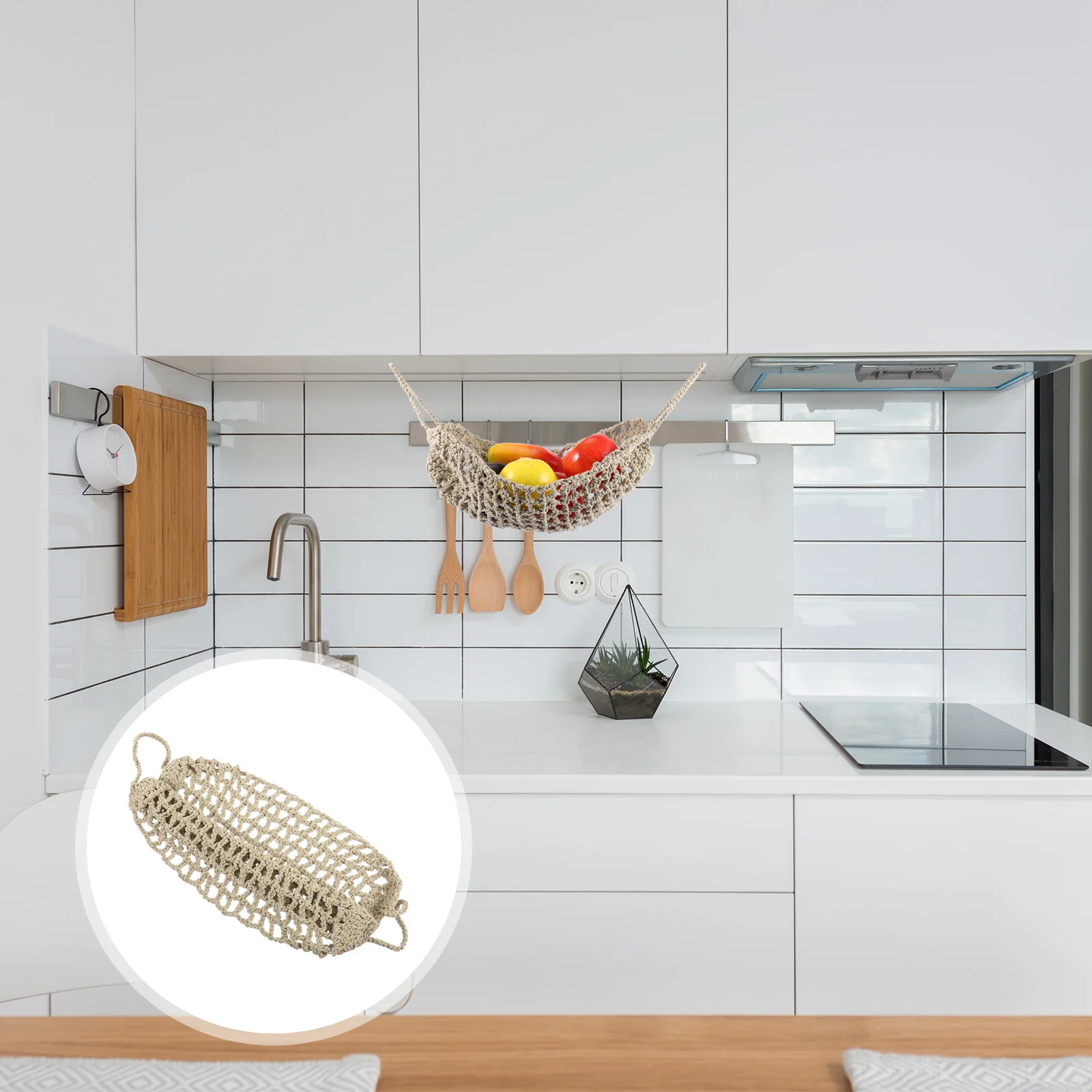 

Hanging Fruit Basket Under Shelf Macrame Fruit Hammock Storage Bag for Bananas Apples Tomatoes Onions Kitchen Pantry