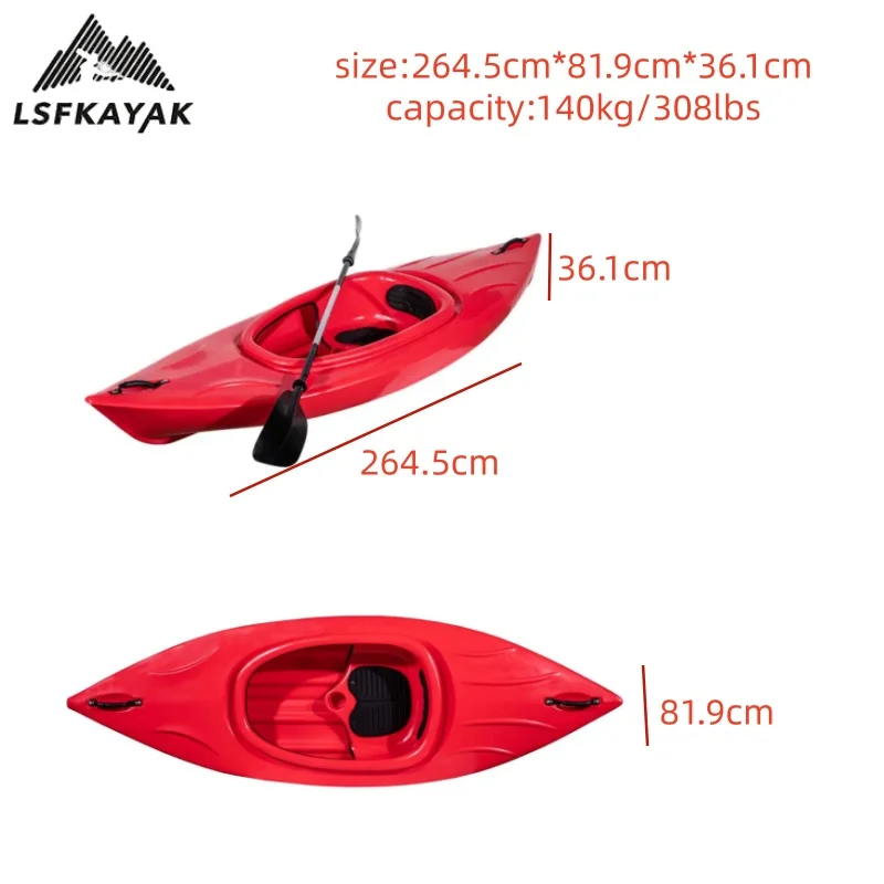 LSF China Factory 2.64M Sit-in Kayak for One Person Use Plastic Boat for Beginners for Fishing Water Sports Lakes Rivers