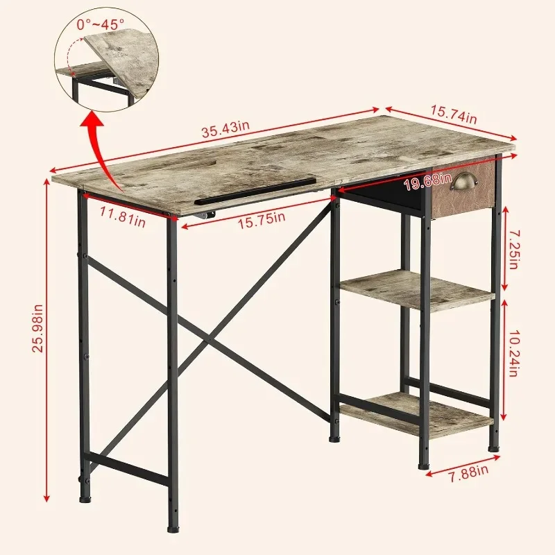 مكتب مدمج 25.98 بوصة ارتفاع - طاولة صياغة قابلة للإمالة مع درج ورفوف تخزين، مكتب دراسة للطلاب/الفنانين
