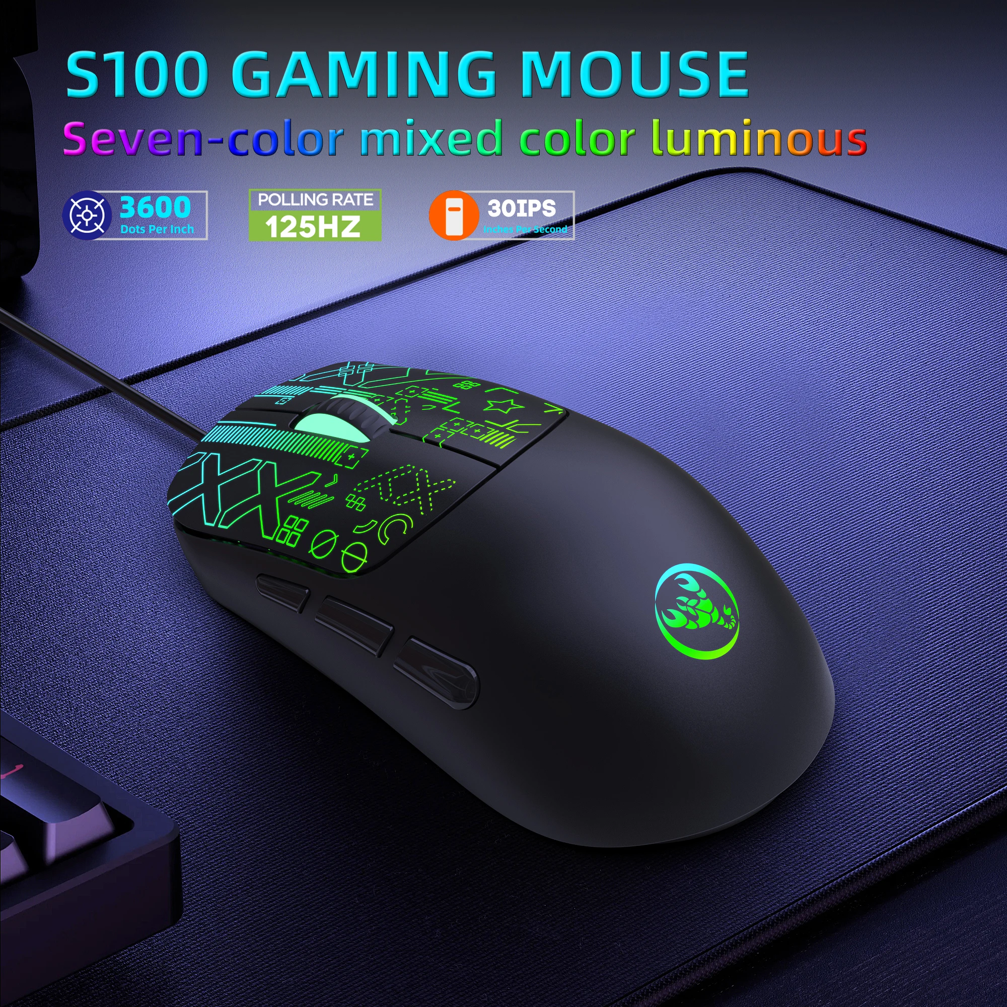 Wired Gaming Mouse 6 Keys Colorful Backlight Adjustable 3600DPI Matte Mouse for PC Gamer Computer Desktop Laptop