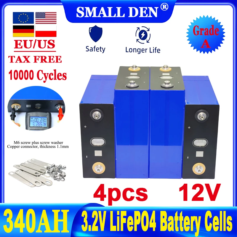 

4pcs Power Battery 3.2V 340Ah Lifepo4 Battery 10000 cycle diy 12V 24V 48V A-class 3C RV Solar Golf Cart Rechargeable cell NoTax