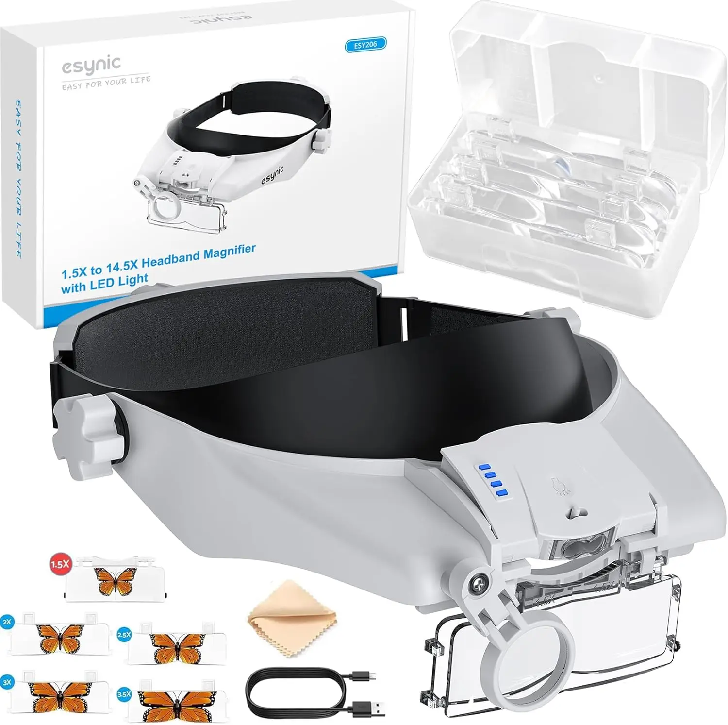 

Налобная лупа с 2 светодиодными лампами — увеличение 1,5X-13X с набором 5 акриловых линз и комфортной конструкцией — 2-уровневая повязка на голову яркости