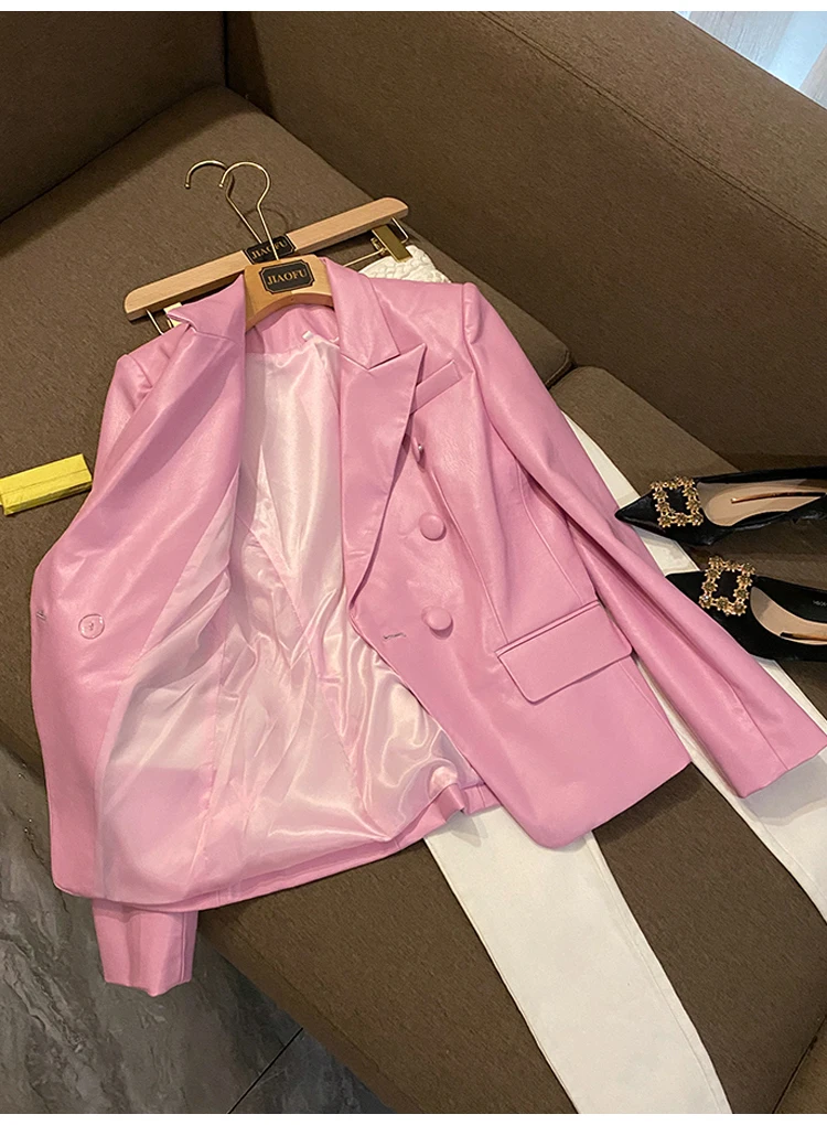 Lautaro Spring Stylish Short Pink Soft Pu Leather Blazer Long Sleeve Slim Fit Luxury Jackets for Women 2022 Elegant Fashion 5xl