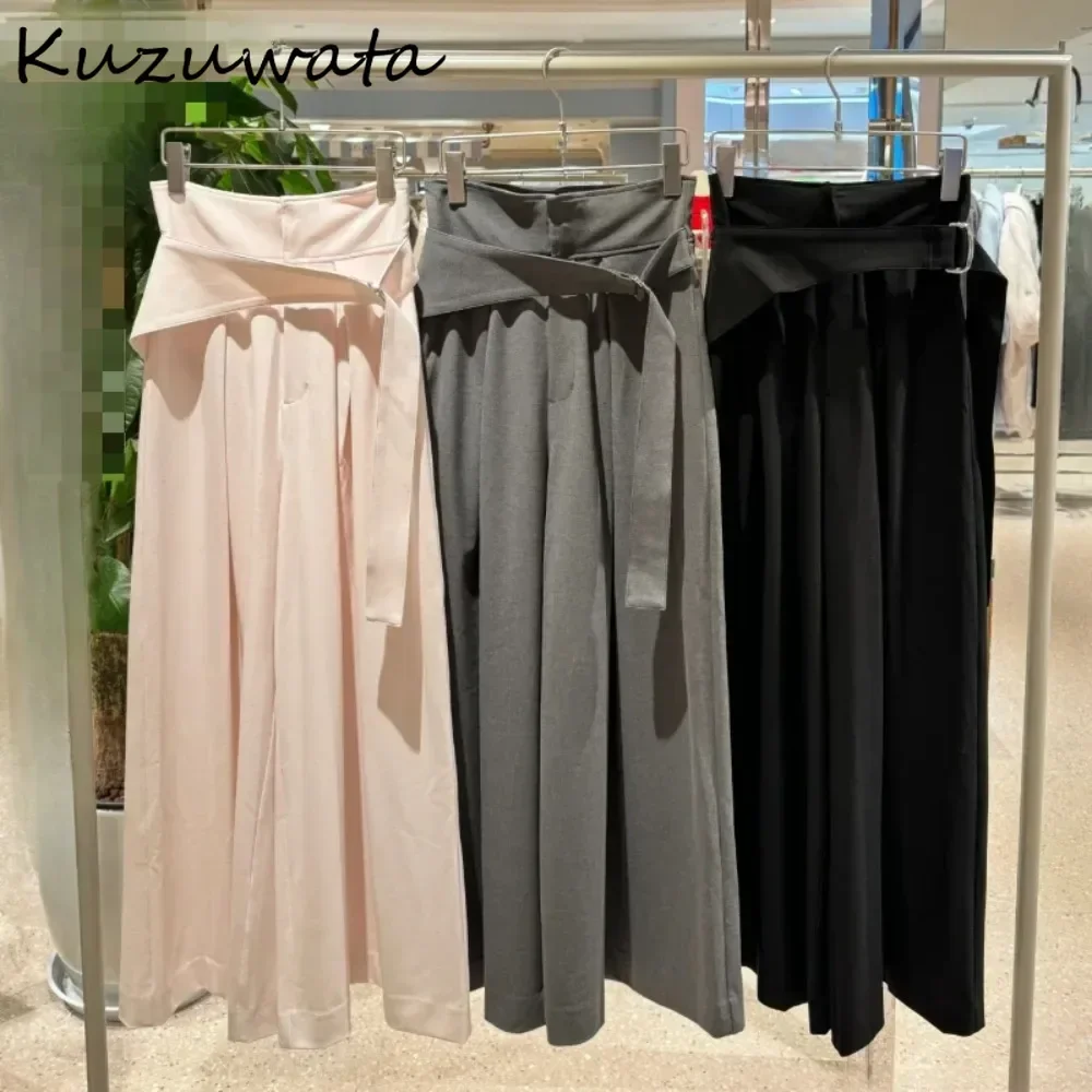 Kuzuwata Slim Loose High Street Wid Leg Pants Waist Ruched Belt Irregular Casual Trousers Japan Cruel Trendy Advanced Pantalon