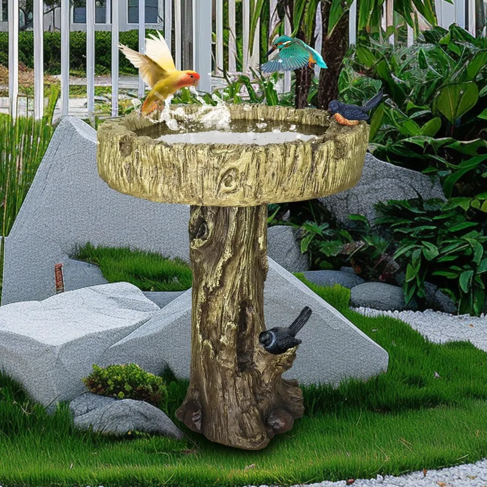 

24.4" H Fibre Reinforced Concrete Outdoor Garden Bird Bath with Birds,Woodland Tree Trunk Decoration Yard Statue