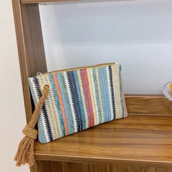 Colorful Stripes Geometric Printed Handbag Women Clutches Summer Luxury Handbags Straw Beach Vacation Canvas Tote Bags for Girls