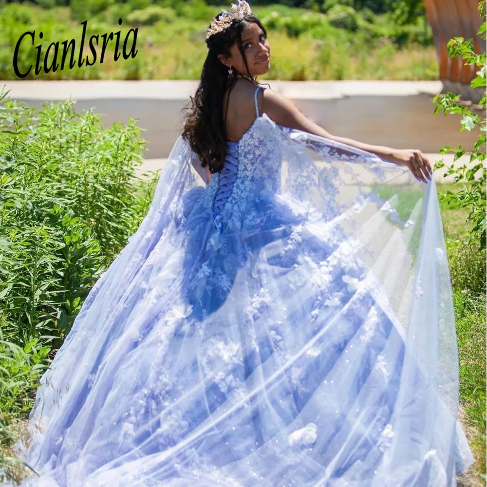 Light Blue Quinceanera Dresses 3D Appliques Beading Sequin Sweetheart Handmade Flower Ball Gowns Vestidos De 15 Años