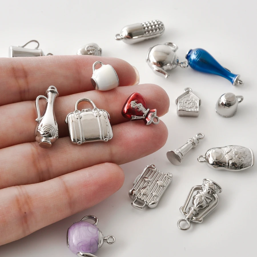 6Pcs Stainless Steel 3D Stereo Charms Silver Color Enamel Pendants Teapot Luggage Oil Lamp For DIY Handmade Jewelry Making Gift
