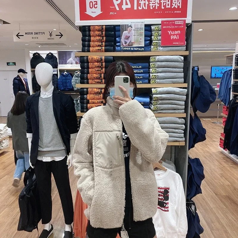 Fleece Lined Lamb Fur Jacket, Loose Long Sleeve Thick Winter Zipper Coat for Couples Casual Outwear, Warm Daily Wear for Men