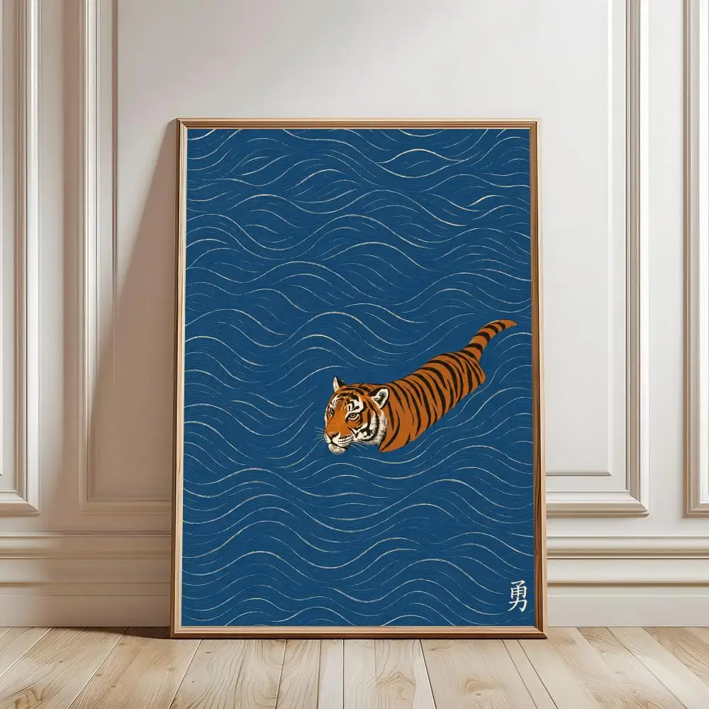 Vintage Ukiyo E Tiger Swimming Wall Art Japanese Animal Poster Minimalist Asian Home Decor Poster