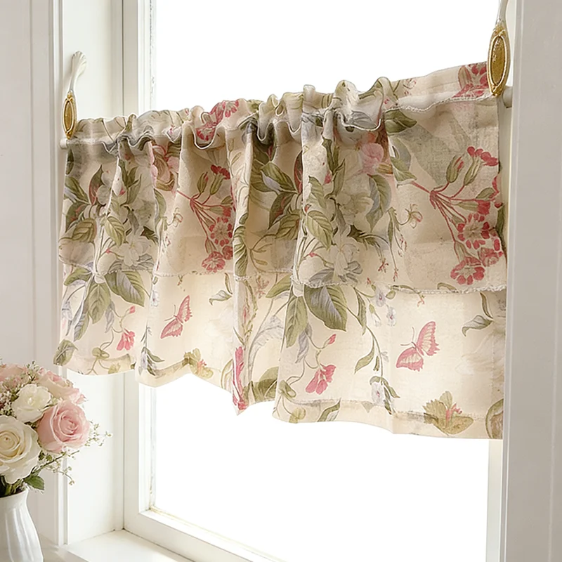 Korea Style Pastoral Tulle Floral Half Curtains Vintage Lace Short Kitchen Windows Decor American Country Home Clearance #A680