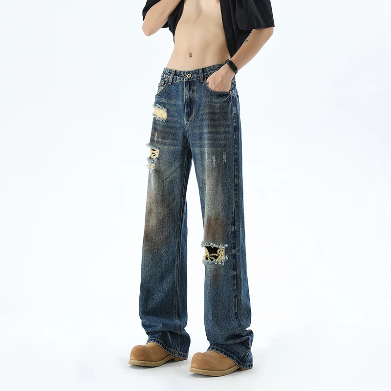 FEWQ High Street Darkwear Loose Straight Broken Men Jeans 2024 Vintage New Korea Fashion Male Trousers Casual 24E1348