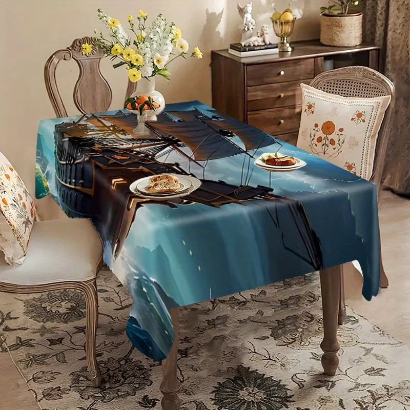 Jit, 1 piece, maritime-themed tablecloth, featuring pirate ship pattern, polyester fiber, square shapezyc