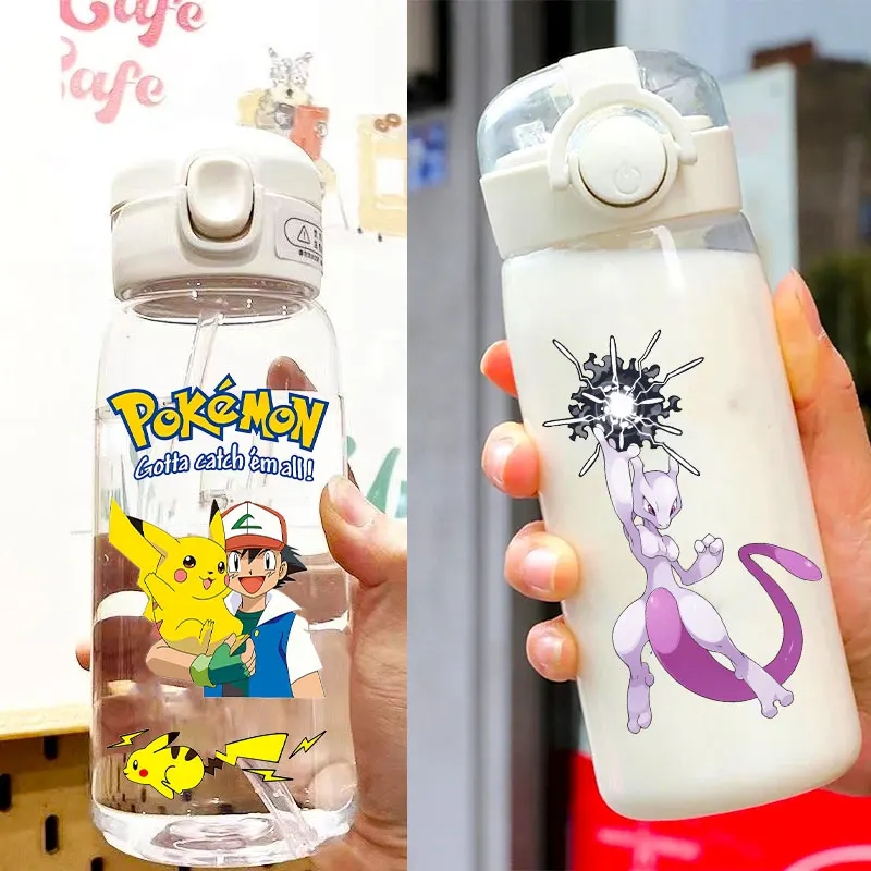 Pokemon Style 400\600ml Transparent Plastic Water Cup Ash Ketchum Mewtwo Portable Leakproof Outdoor Sport Kids Drinking Bottle