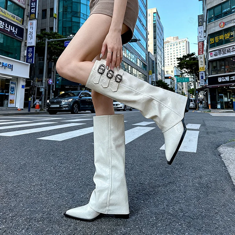 إمرأة أحذية طويلة 2026 موضة جديدة أشار تو مصمم الركبة عالية أحذية من الجلد حزام معدني مشبك النساء فارس الأحذية Mujer بوتاس #4