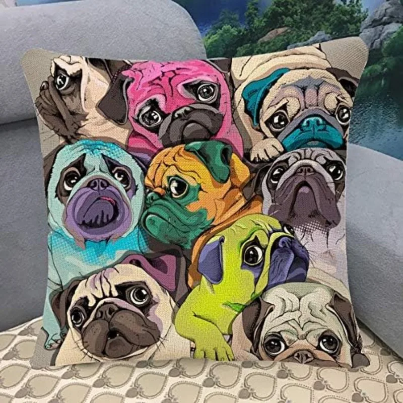 Pugs Throw Pillow Cover Animal Dog Cartoon Face Friend Pet Puppy Color Pillow Case Square Cushion Cover for Sofa Couch Bed Car