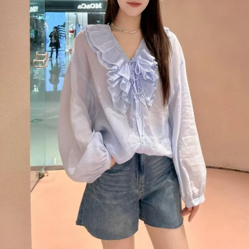 

Ruffle V-neck Thin Top for Women Loose Long Sleeve Sun Protection Shirt Coat 2025 Spring Summer New Blusas De Mujer
