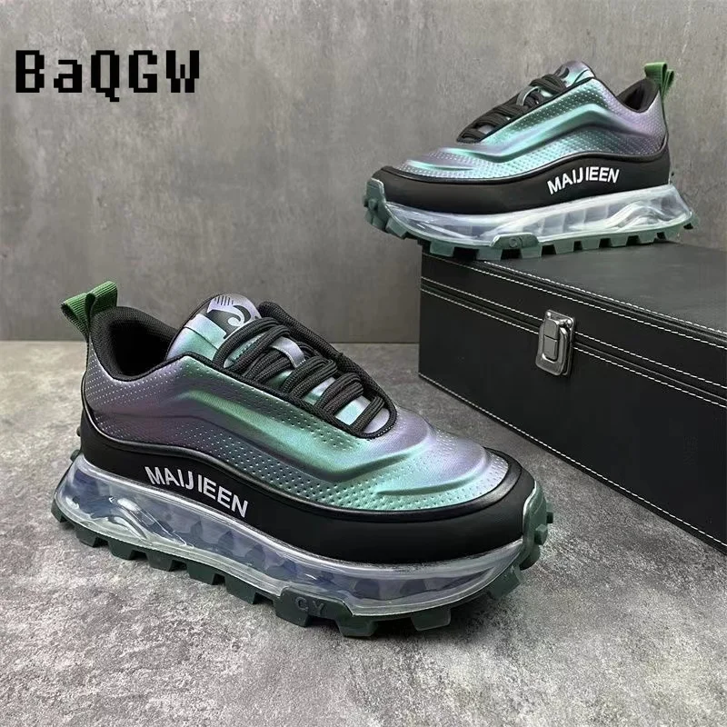 Laser Design Hoge Kwaliteit Mannen Dikke Zool Veters Casual Sport Hardloopschoenen Kleur Blok Luxe Ademende Dikke Sneakers