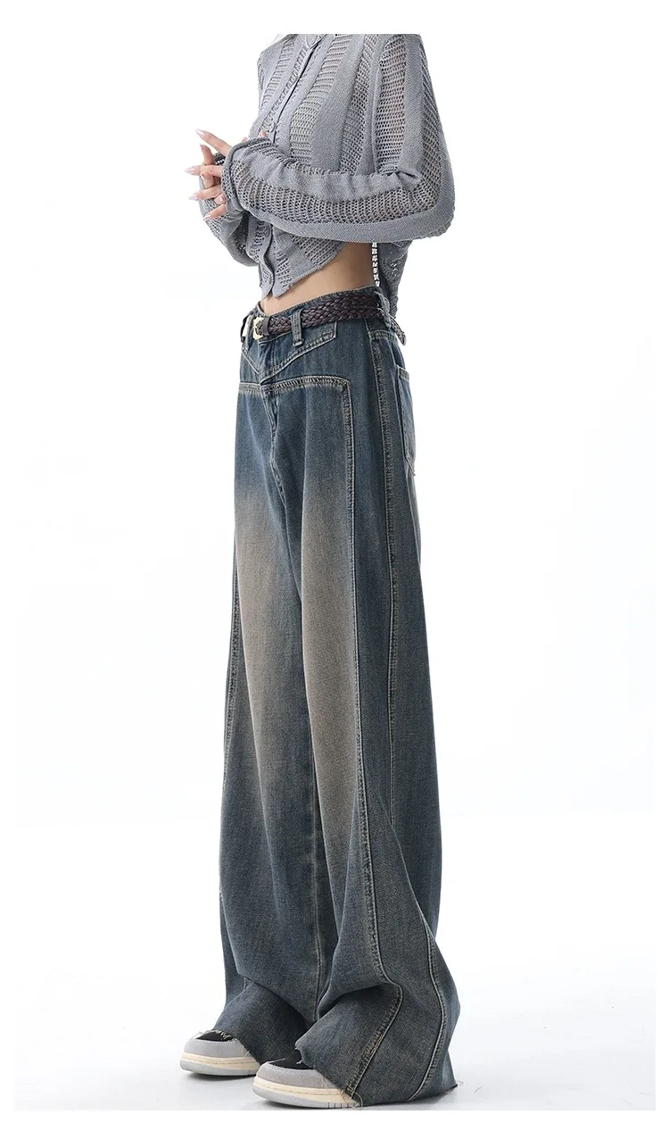 American high street retro do old wide leg jeans women fall 2024 new mid-high waist fashion mopping pants