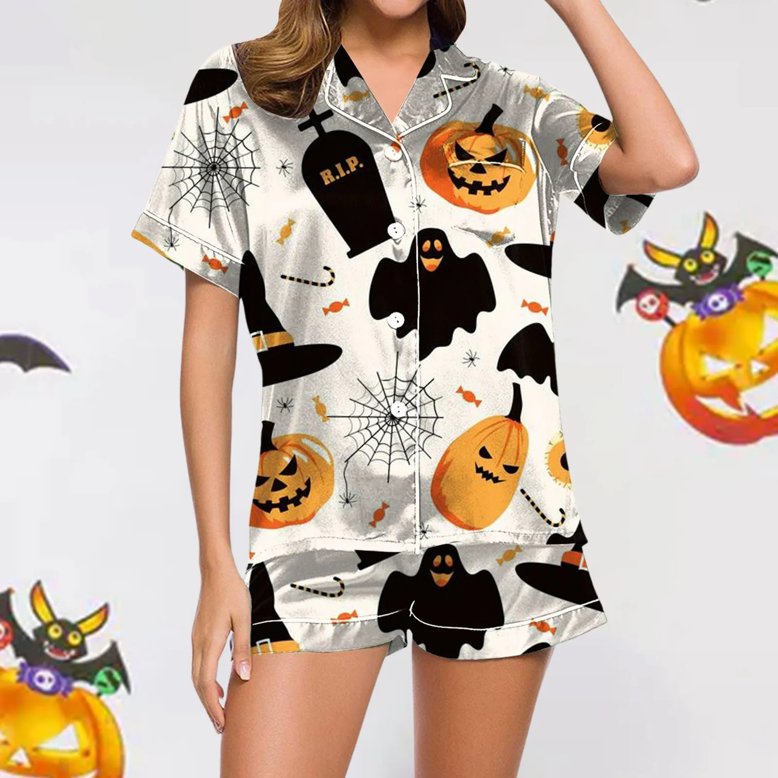 Short Sleeve Button Top Comfy Shorts Sleepwear Halloween Two Piece Pajama Set Women Ghost Pumpkin Graphic Short Pajamas Set