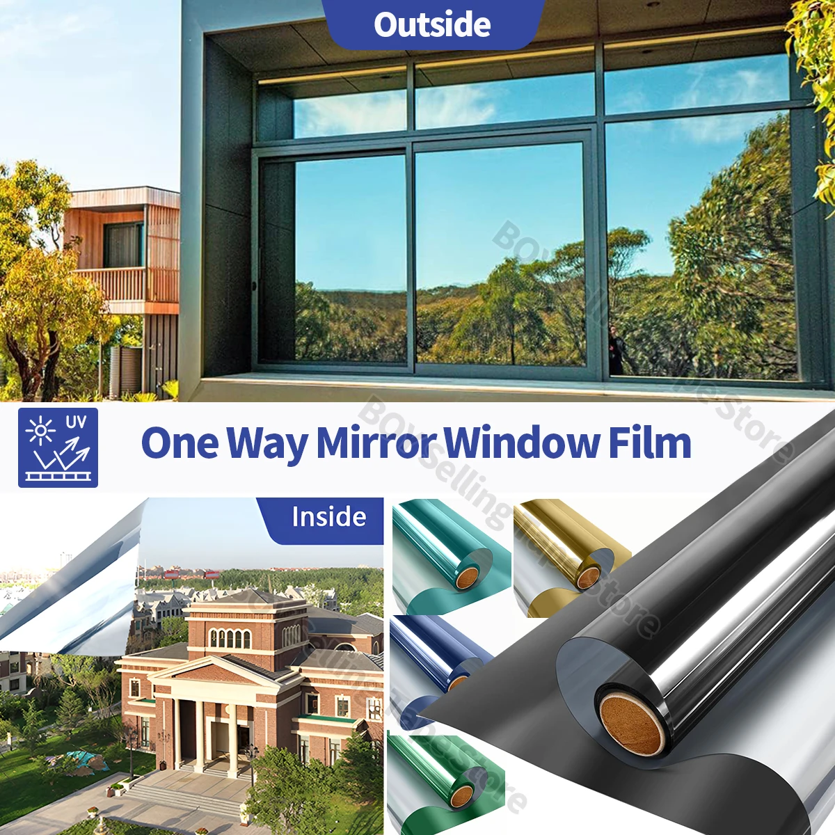 

One Way Mirror Window Film Privacy Sun Blocking Glass Sticker Heat Control Reflective Window Tint for Home Office