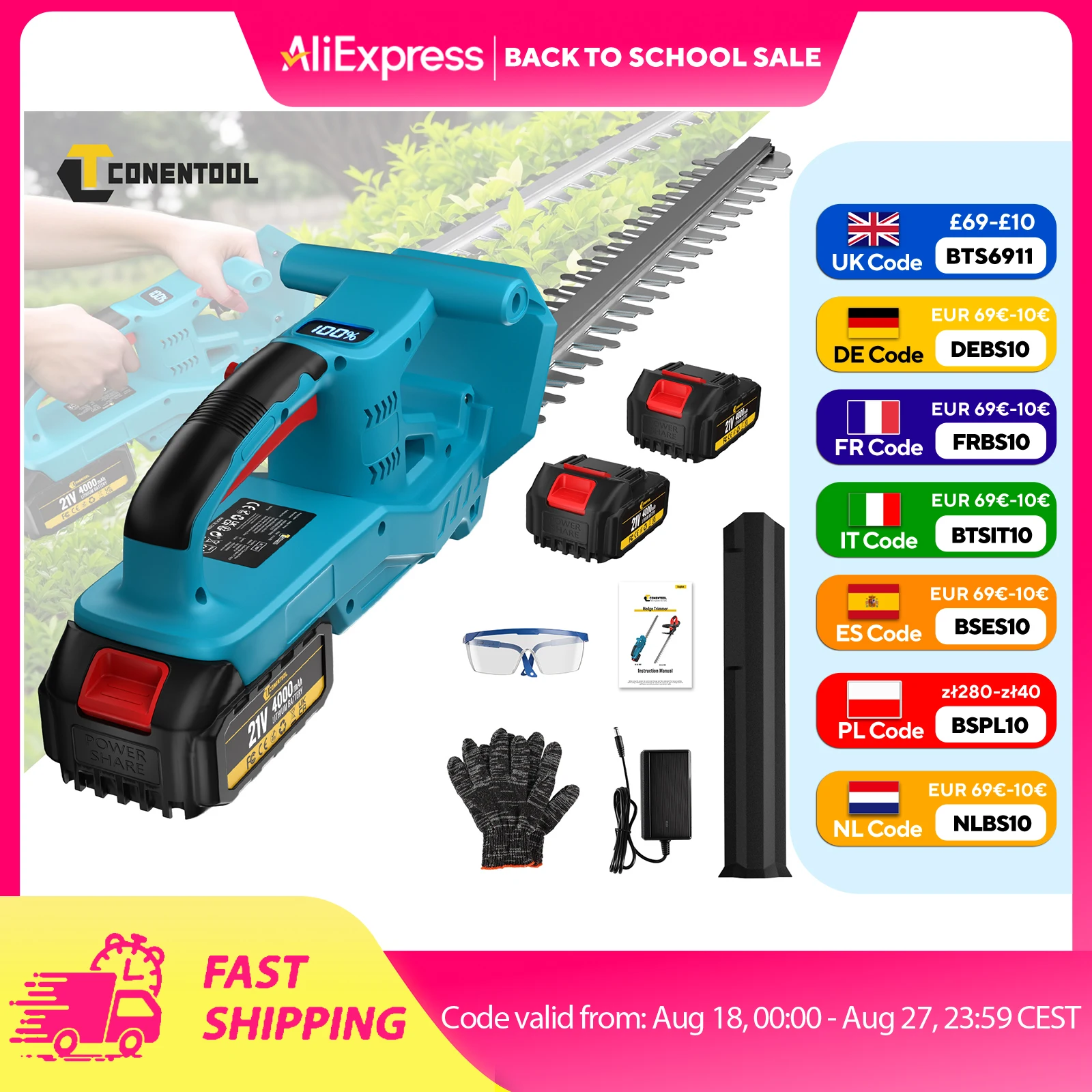 Conentool 20 Pollici Tagliasiepi Elettrico Ricaricabile Leggero Portatile Senza Fili 51 Centimetri Lama Tosaerba Giardino Diserbo Potatore