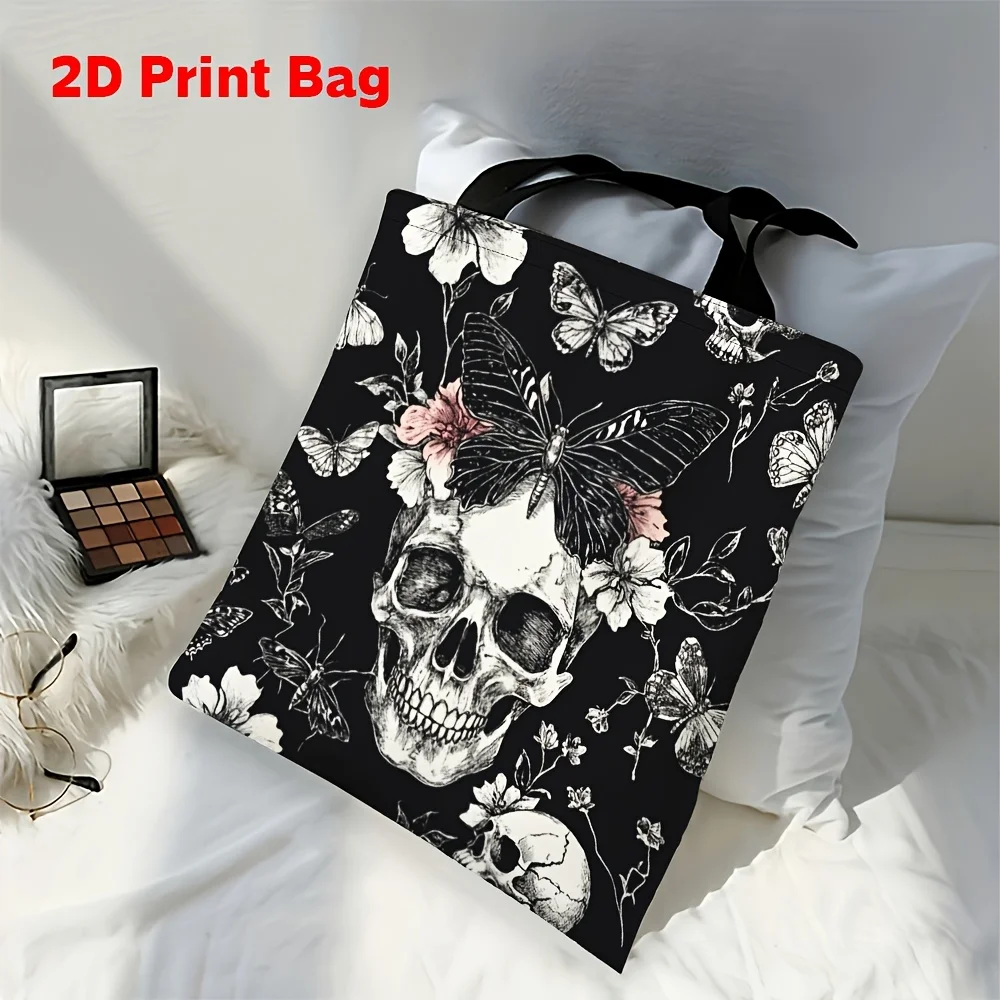 1pc Skull Flower Tote Bag - Death & Rebirth Design with Black Background, White Skull, Pink Flowers & Butterflies