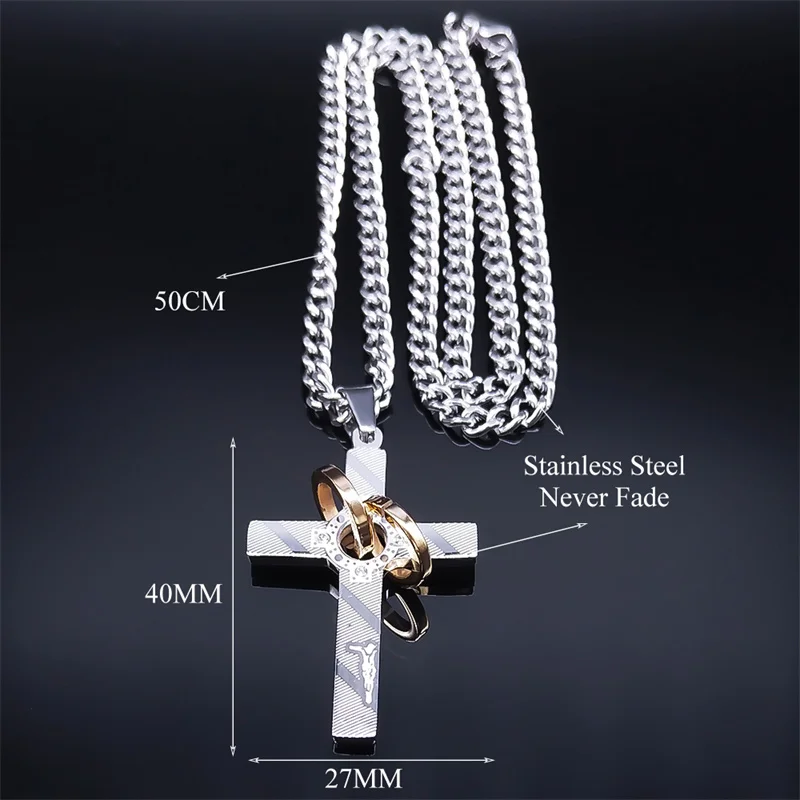 Hip Hop Crystal Cross With Ring Necklaces Stainless Steel Rhinstone Jesus Cuban Chain Crucifix Necklace Jewelry Collar de Cruz