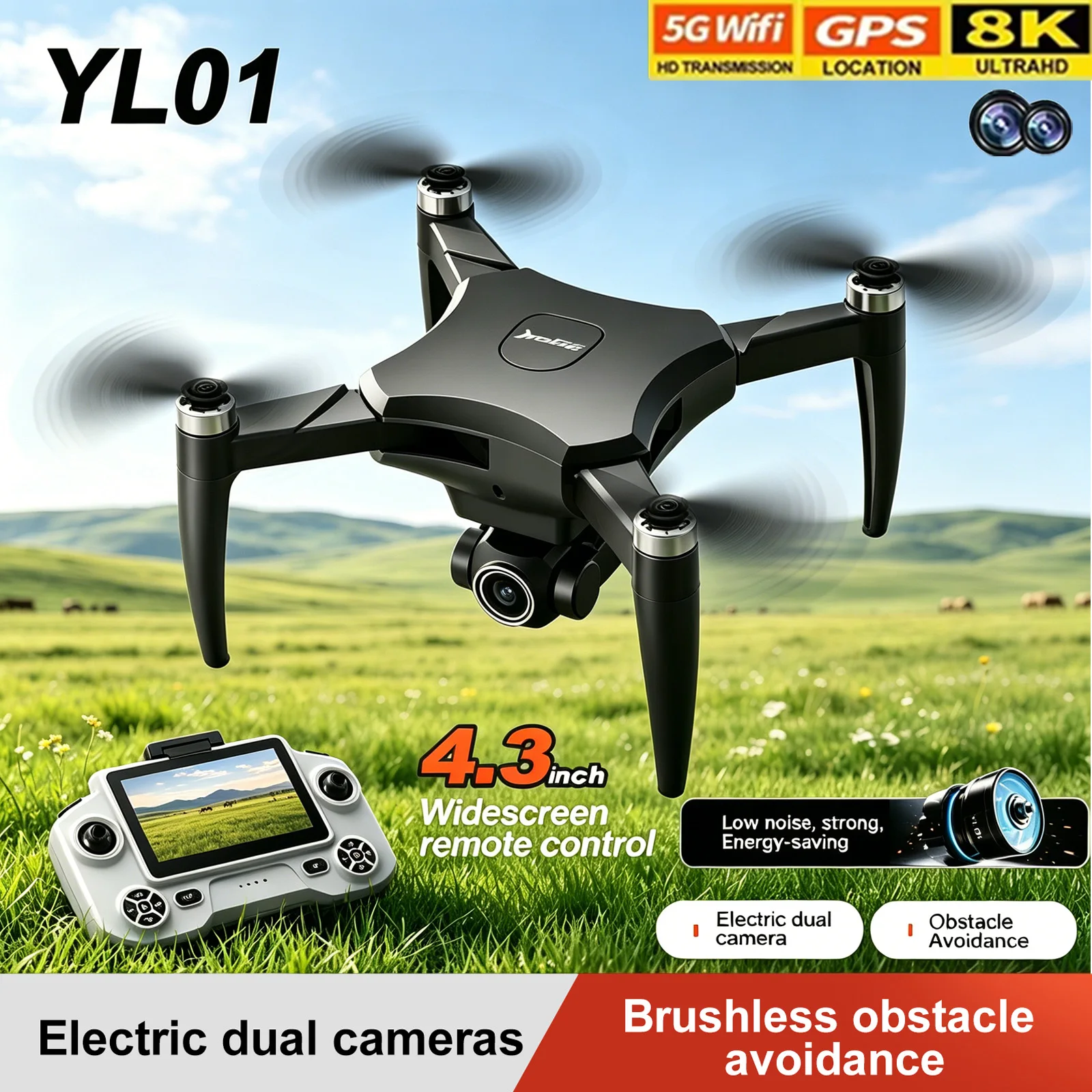 YL01 Mini Drone 8K Camera Professional FPV Wifi Brushless Foldable Obstacle Avoidance Large Screen Remote Control for Beginners