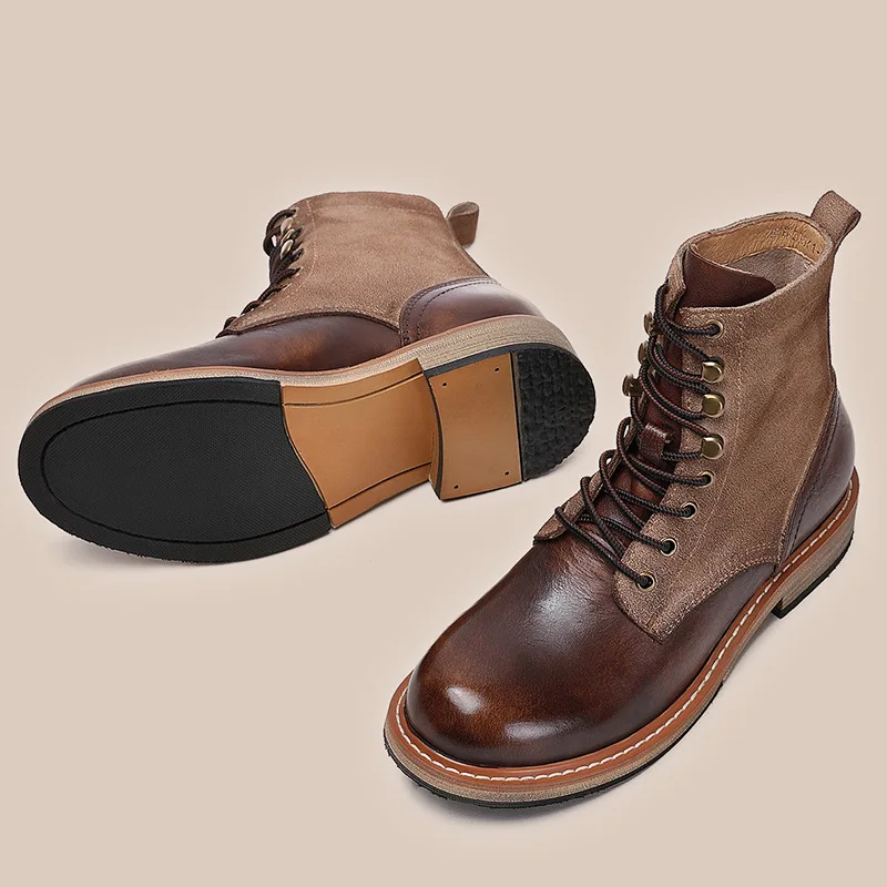 Luxury Brand Men Boots Genuine Leather Short Motorcycle Boots Brown High Top Handmade Warm Men Winter Fashion Retro Shoes