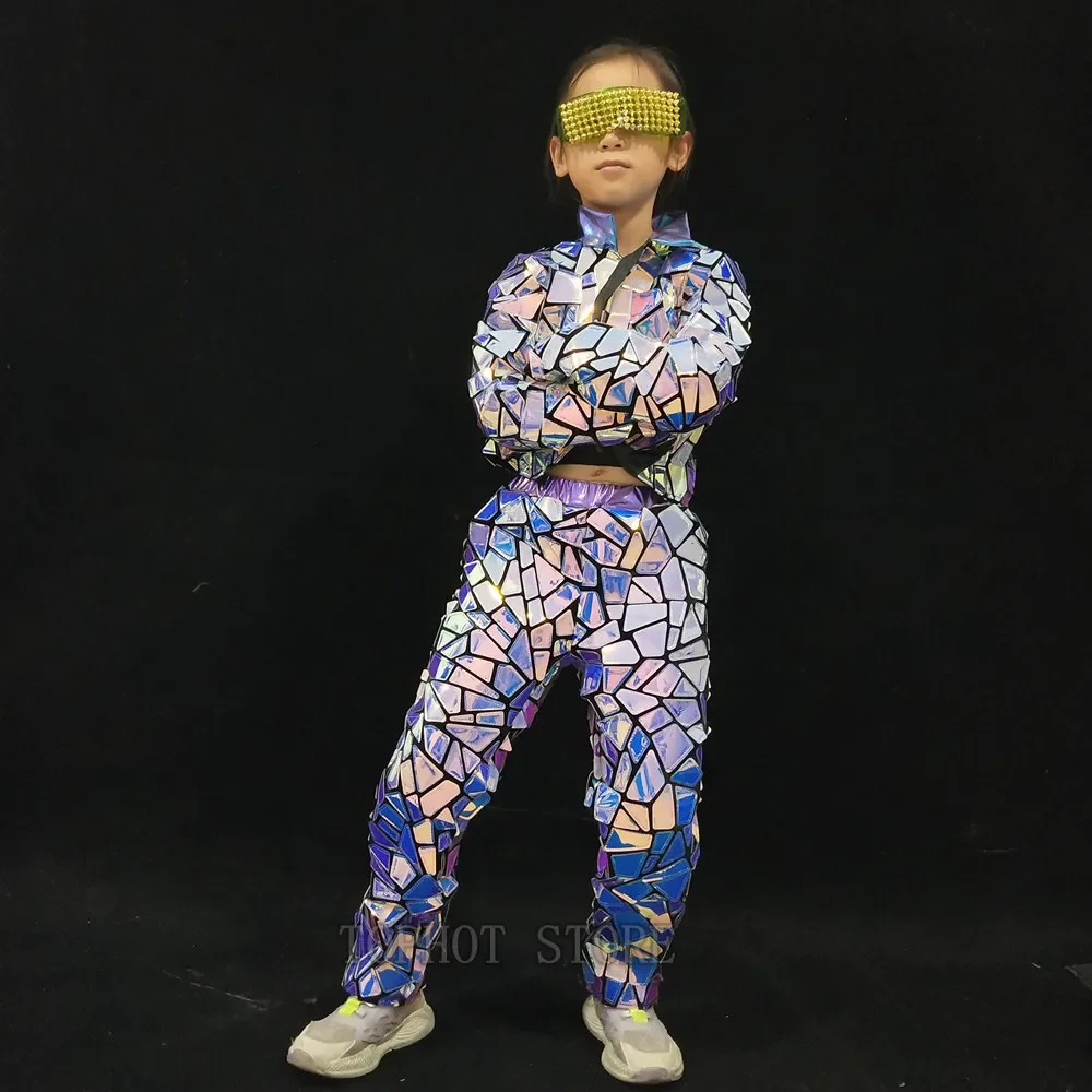 ファッションレーザースパンコール子供ジャズヒップホップダンスモデルキャットウォーク衣装コスチュームガールズストリートダンスパープルジャケットパンツ2点セット