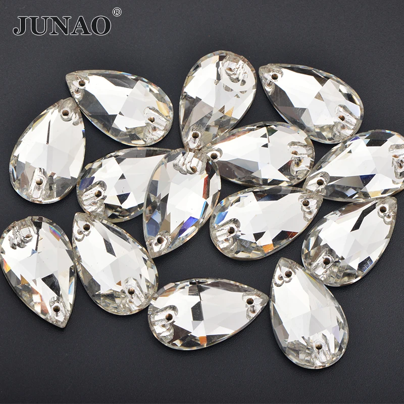 JUNAO 7*12mm 17*28mm Top Quality Clear Teardrop Rhinestone Sewing Flatback Glass Strass Non Hotfix Crystal For DIY Garment