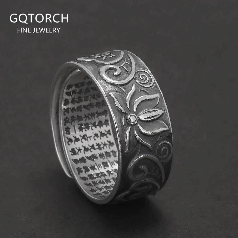 

Real 990 Sterling Silver Vintage Lotus Ring for Women Men Heart Sutra Engraved Adjustable Antiqued Retro Buddhist Jewelry