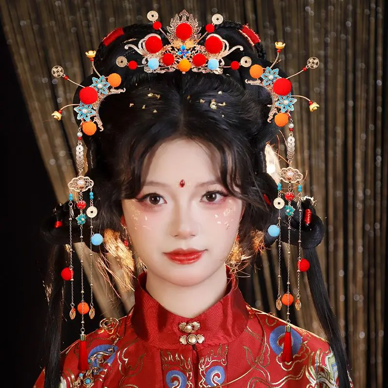 Ancient Style Blue Enamel Hair Crown with Red Tassel Pompom Hanfu Hair Accessory for Women Traditional Festival Celebration Gift