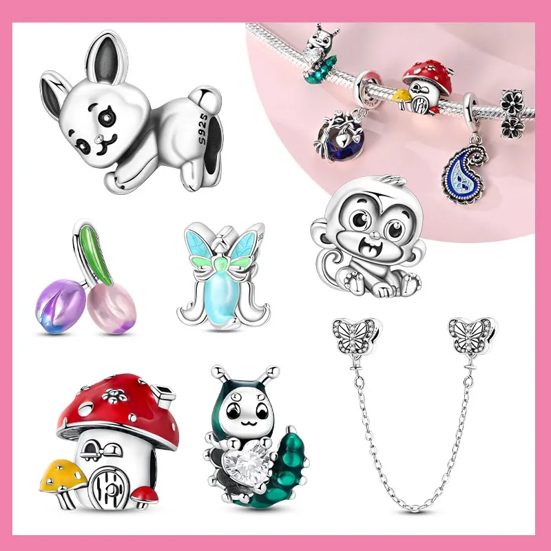 

Animals Plants Series 2025 Beads 925 Sterling Silver Monkey Rabbit Mushroom Caterpillar Butterfly Charm Women's Jewelry DIY Gift