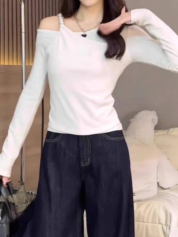 

Ele Long Sve Pure Cotton oulder Bared Women's T-irt Slim Fit Autumn Winter plus Size Inner Wear Base Top