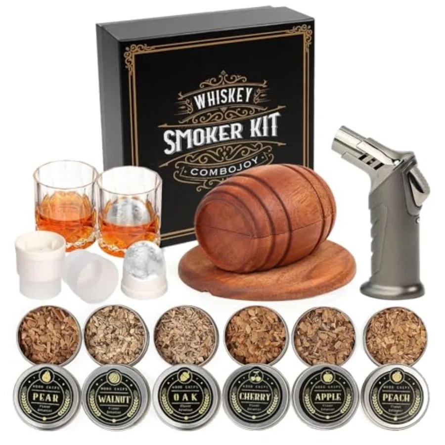 

Whiskey Smoker Kit with Torch - 6 Flavors Wood Chips, 2 Glasses, 2 Ice Ball Molds - Cocktail Smoker Infuser Kit, Old Fashioned