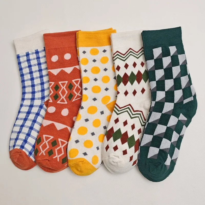 5 Pairs Autumn New Vintage Personalized Trendy Women's Middle School Socks Match Color Versatile College Style Women's Socks